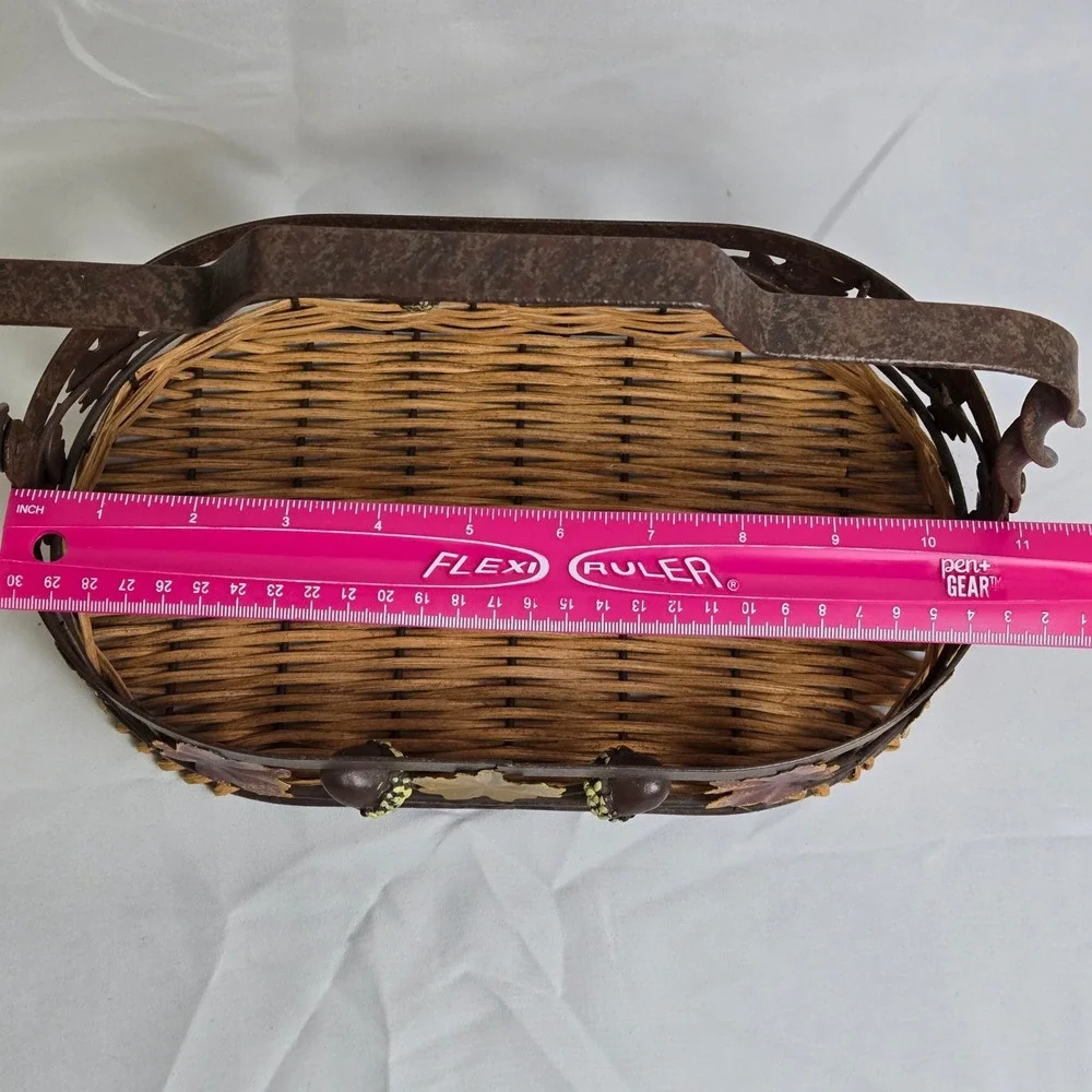 Decorative Basket Woven Wicker Base Metal Rim With Fall Autumn Leaves Acorns 11